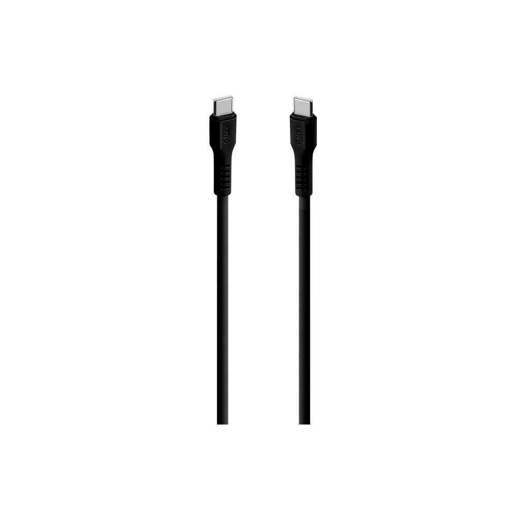 Siyah bir arka plan üzerinde yan yana iki siyah USB-C kablosu.