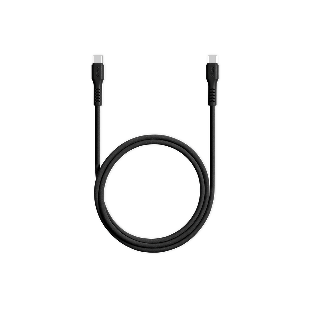 Siyah bir arka plan &uuml;zerinde d&ouml;ng&uuml; oluşturulmuş siyah bir USB-C kablosu.