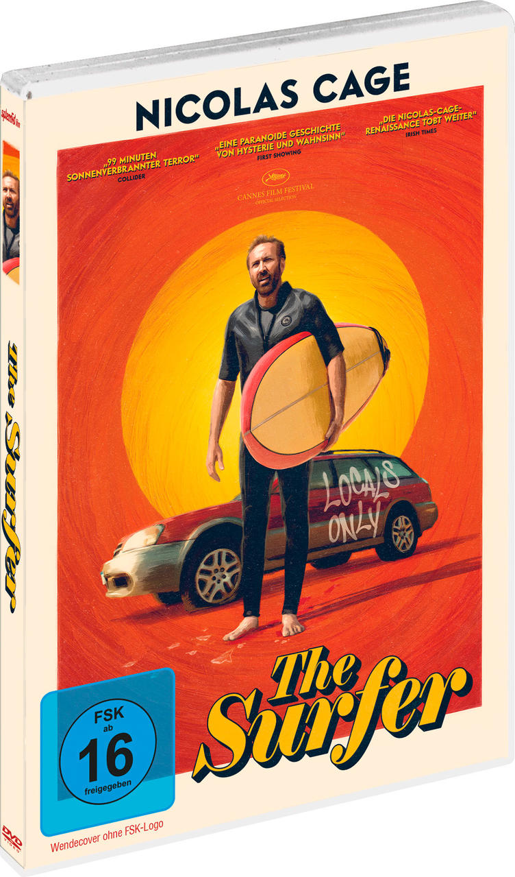 DVD-Cover für "The Surfer" mit Nicolas Cage, der ein Surfbrett neben einem Auto hält.