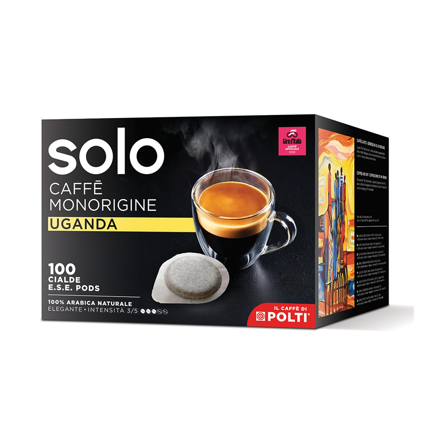 Una scatola di cialde di caffè, con una tazza di caffè e una cialda di caffè davanti.