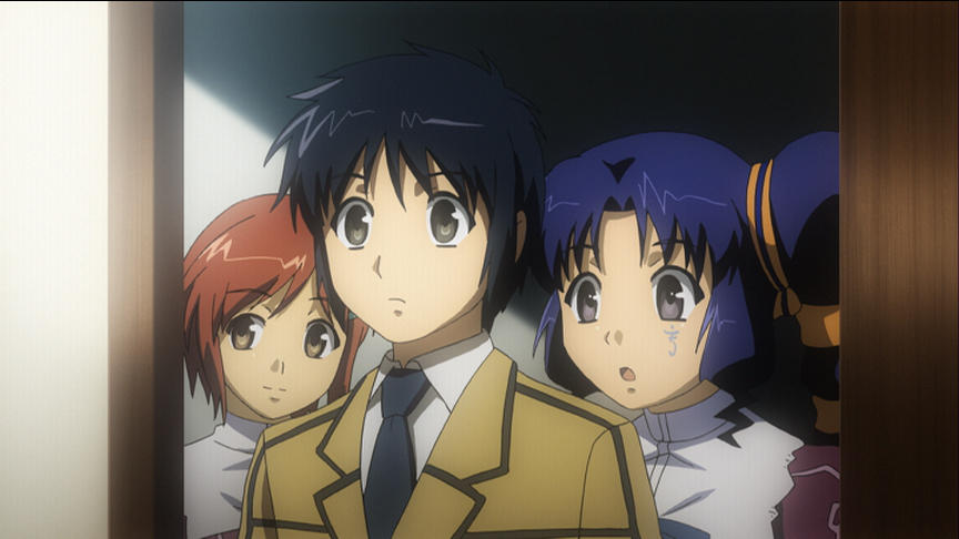 Drei Anime-Charaktere sehen überrascht aus, zwei Mädchen und ein Junge in Uniformen.