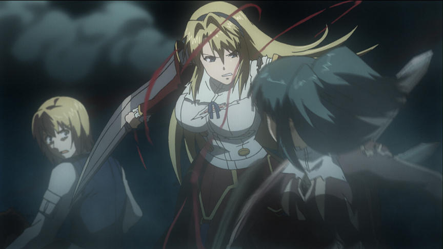 Anime-Frau in Rot mit Schwert, kämpft gegen zwei andere Anime-Figuren.