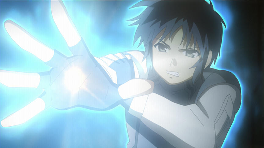 Anime-Figur mit blauer Energie, die von Hand und Körper ausgeht.