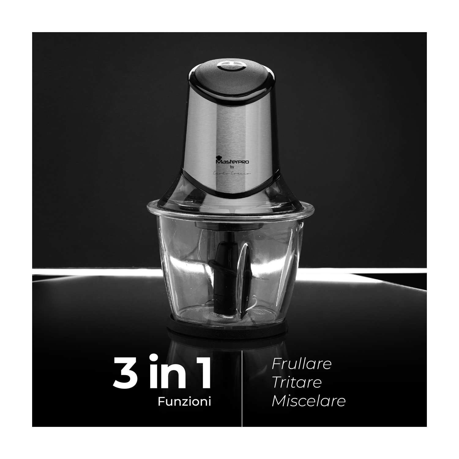 Robot da cucina, argento e nero, con testo italiano.