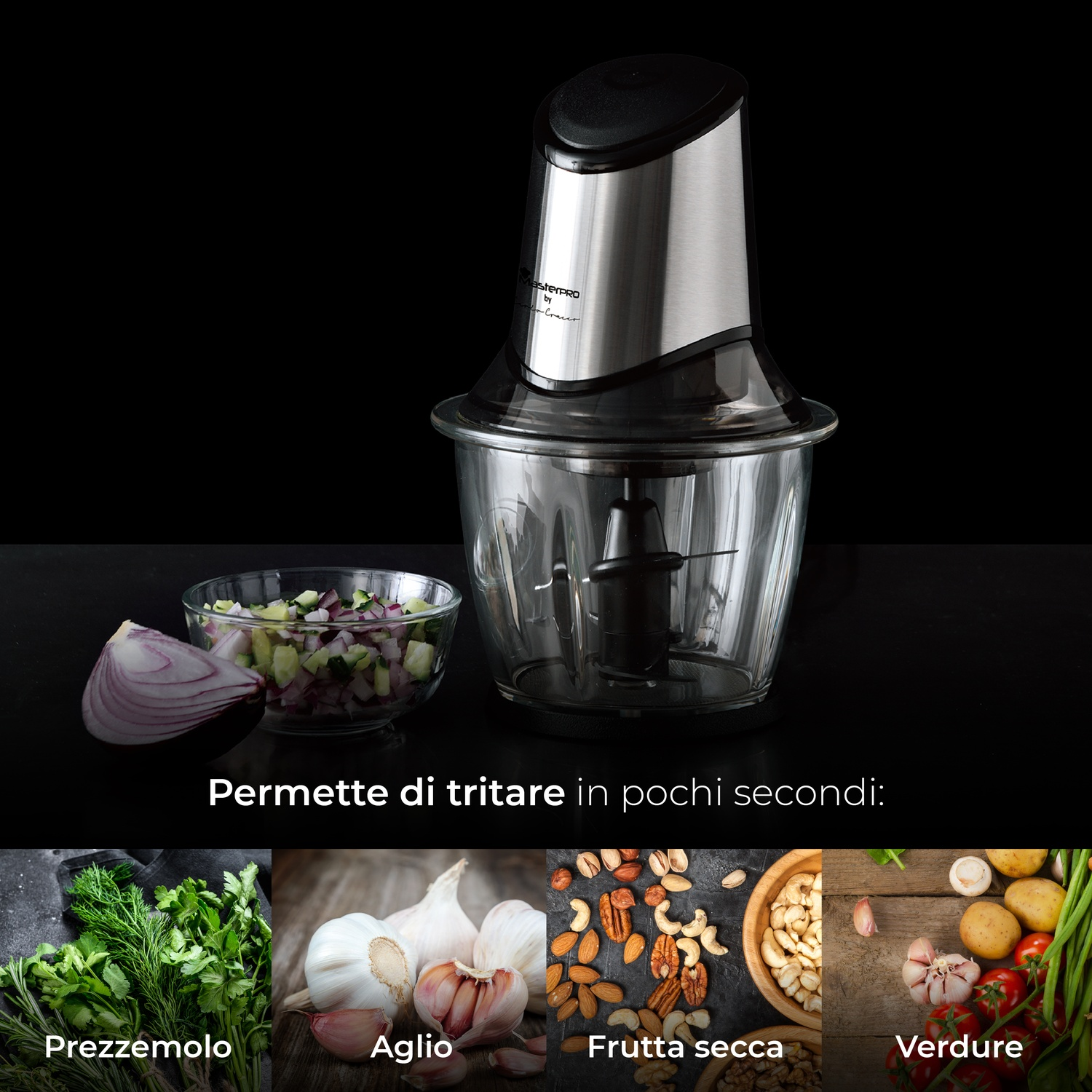Robot da cucina con testo e ingredienti: prezzemolo, aglio, noci, verdure.
