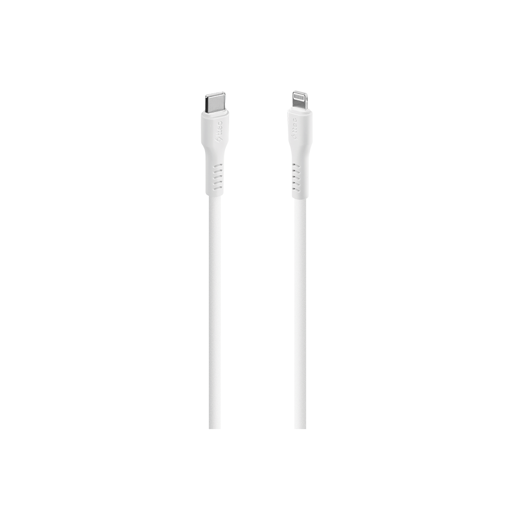 Siyah bir arka plan üzerinde, yan yana iki beyaz USB-C - Lightning kablosu.