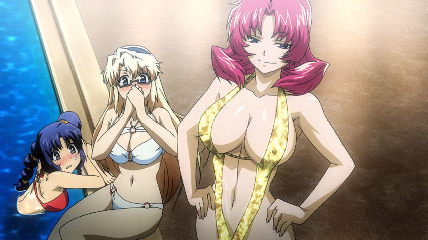 Drei Anime-Frauen in Bikinis am Pool. Eine ist verlegen, eine lächelt, eine hat einen goldenen Bikini.