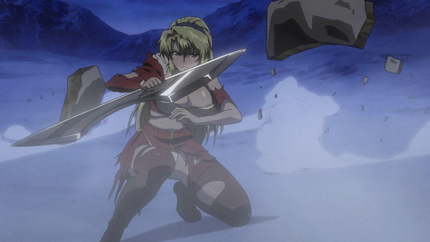 Anime-Figur in rotem Outfit, mit einem großen Silberschwert, in einer schneebedeckten, blau getönten Landschaft.