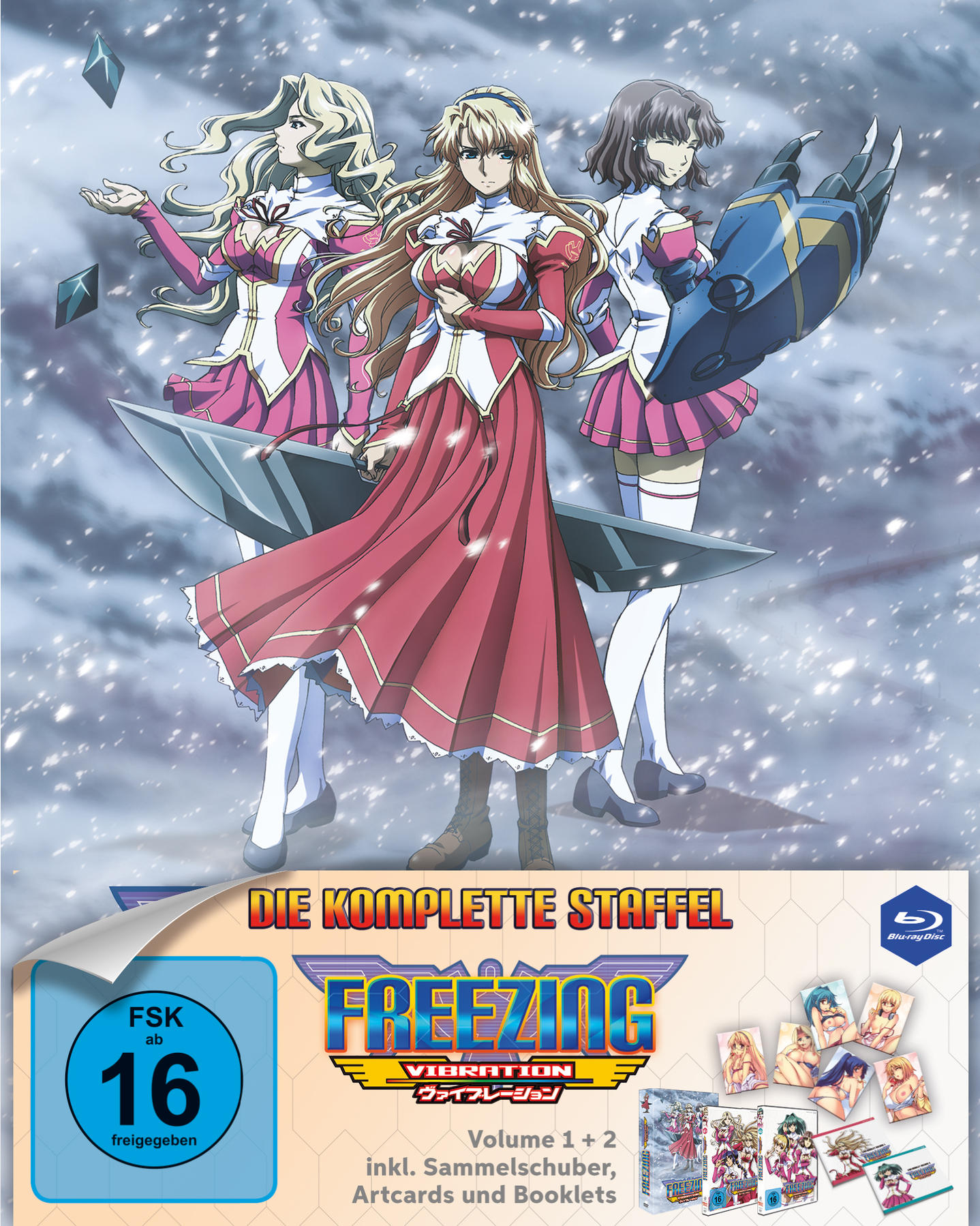 DVD-Box-Art für 'Freezing Vibration', zeigt drei Anime-Frauen mit verschneitem Hintergrund.