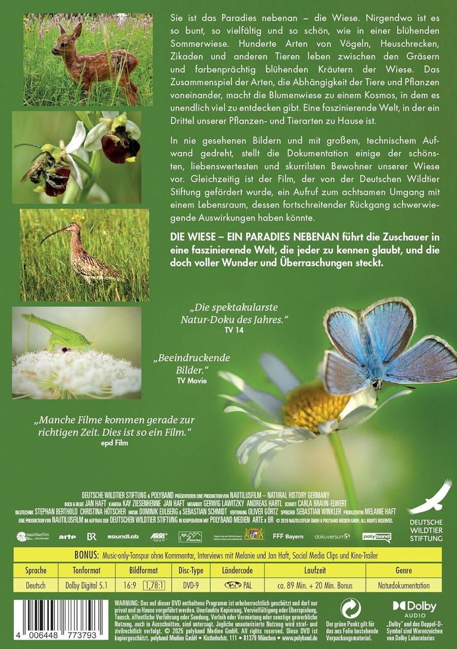 DVD-Cover mit Text und Bildern von Blumen, Insekten und einem Reh auf einem Feld.