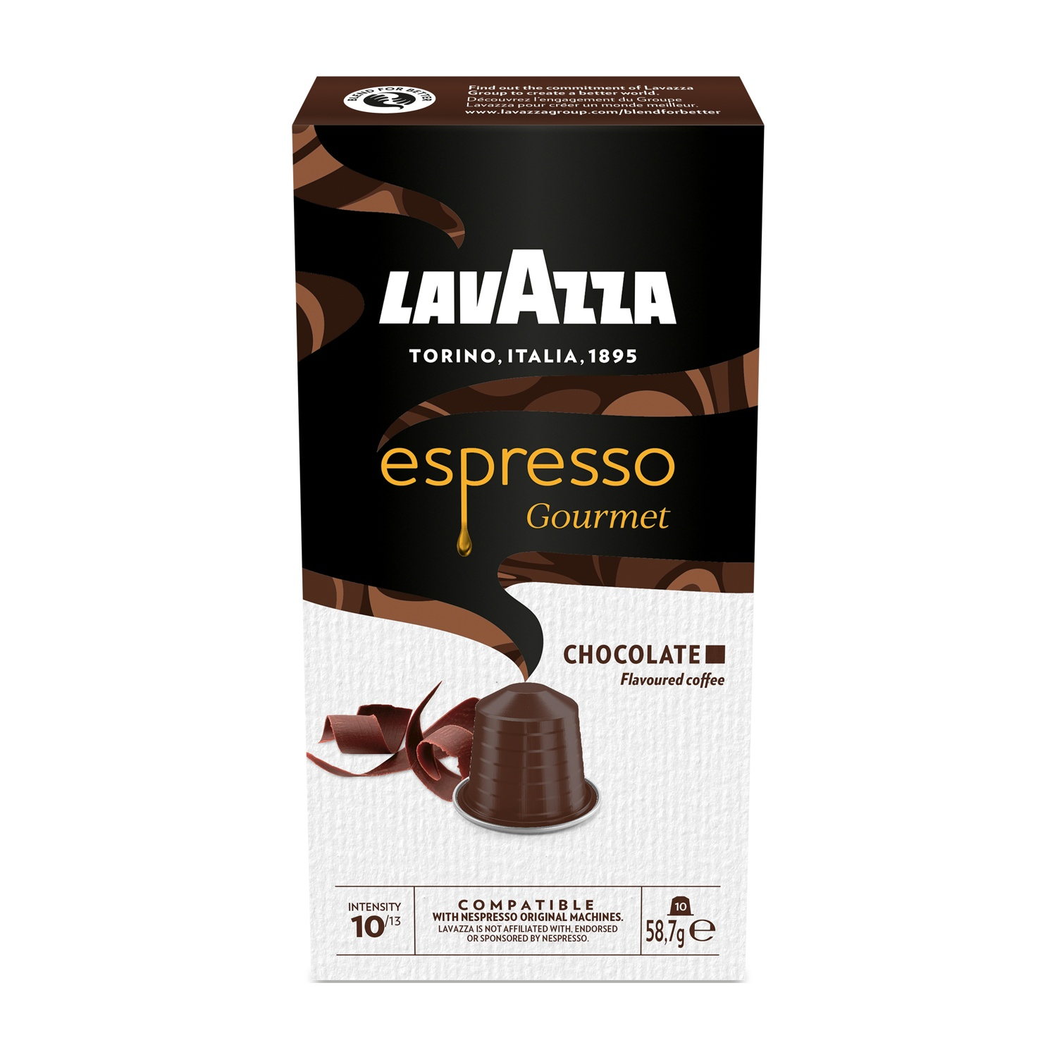 Scatola di caffè Lavazza Espresso Gourmet Chocolate con capsula e scaglie di cioccolato.