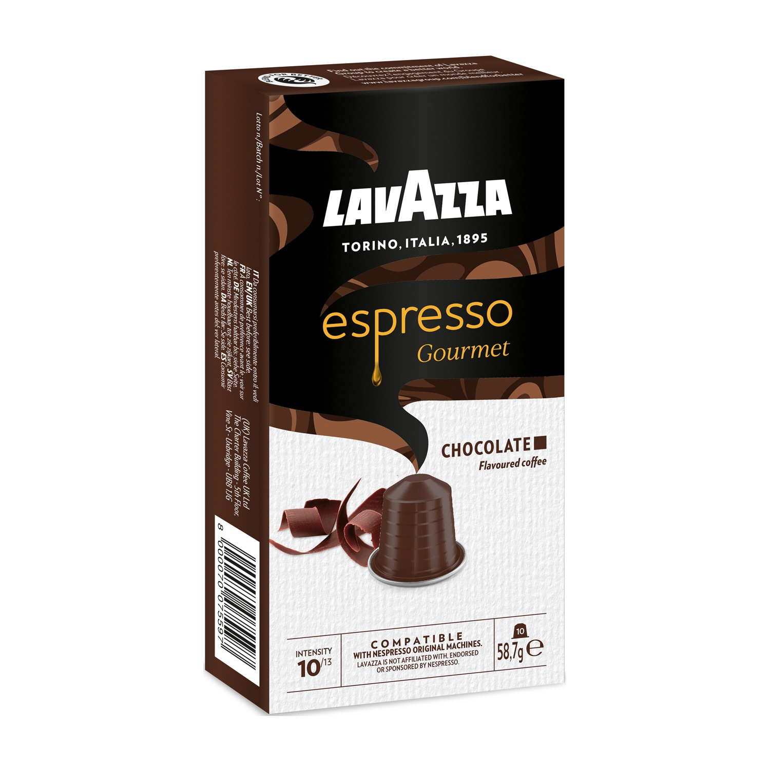 Scatola di capsule di caffè Lavazza Espresso Gourmet. Vista angolata, con cioccolato e chicchi.