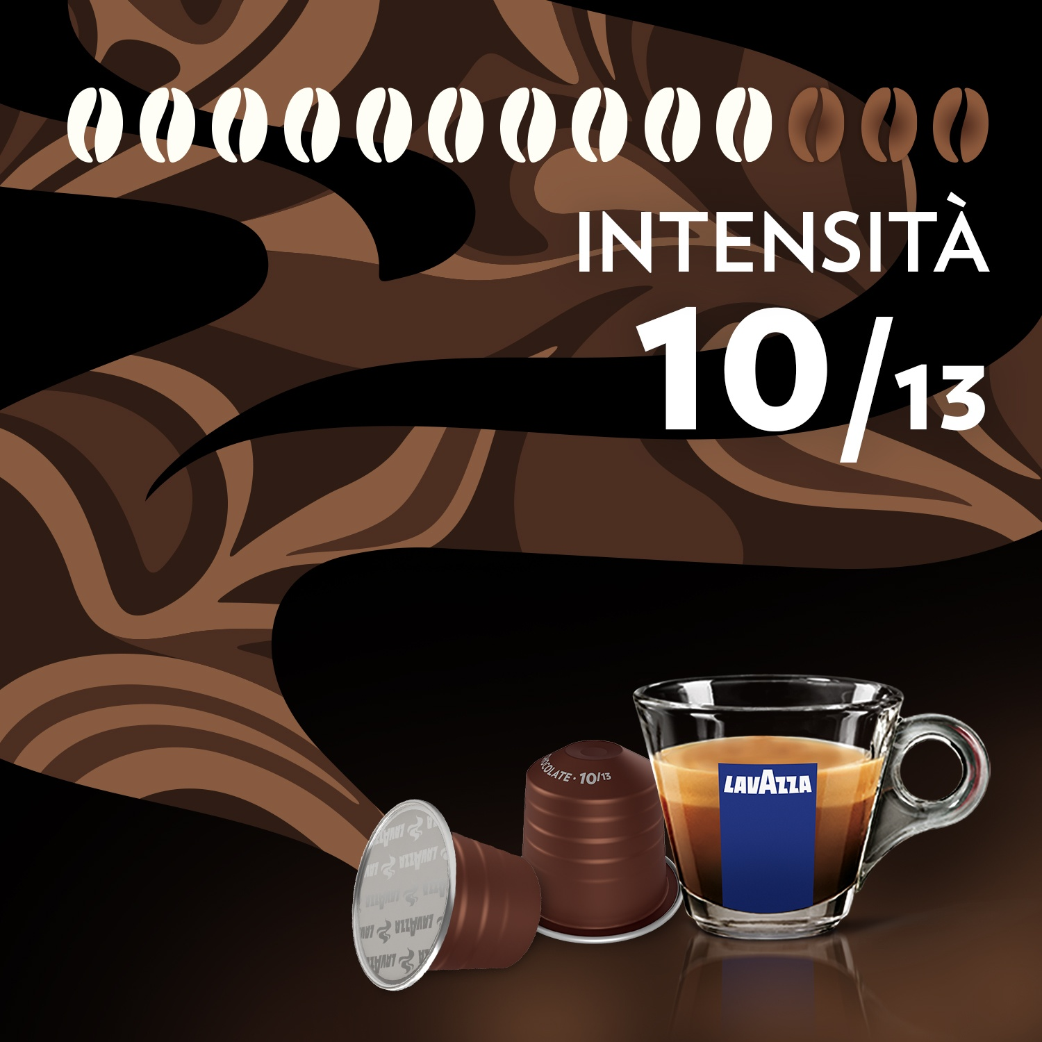 Immagine Espresso Gourmet Cioccolato con chicchi di caffè, capsule, tazza e intensità 10/13.