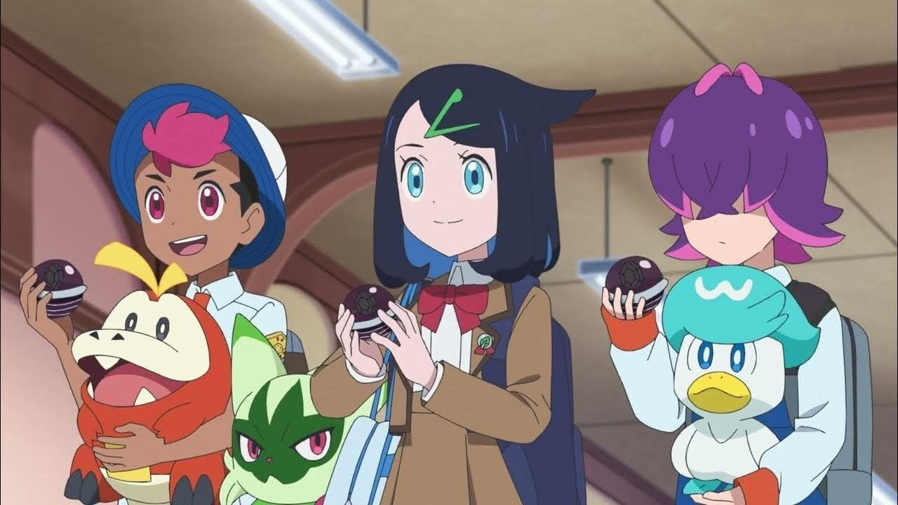 Animierte Charaktere halten Poké-Bälle in einem Gebäude, Schulumgebung.