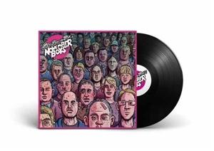 Albumcover mit schwarzer Vinyl-Schallplatte. Menge von Gesichtern auf dem Cover.