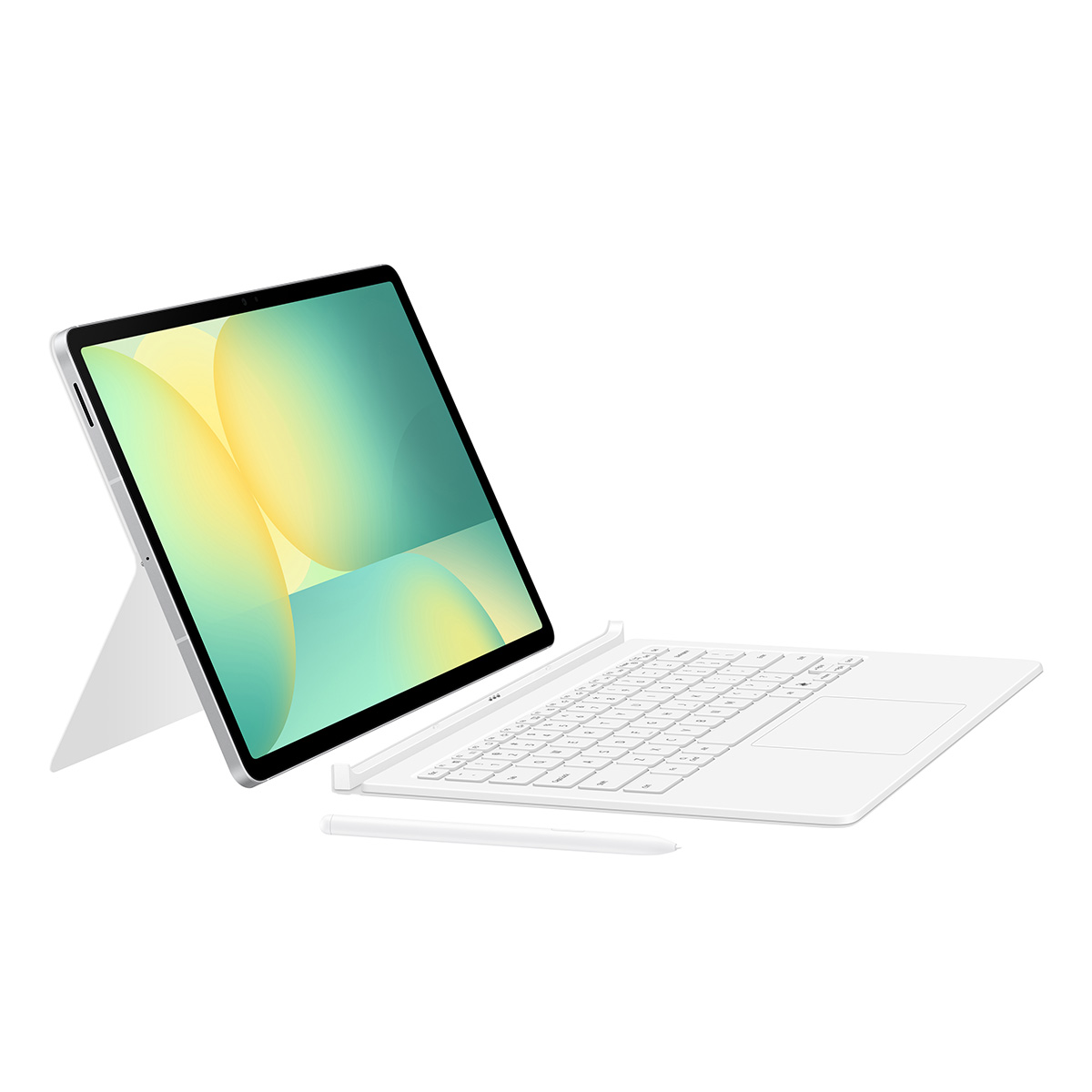 Tablet, klavye ve kalem. Ayaklık üzerinde açılı tablet, beyaz aksesuarlar.