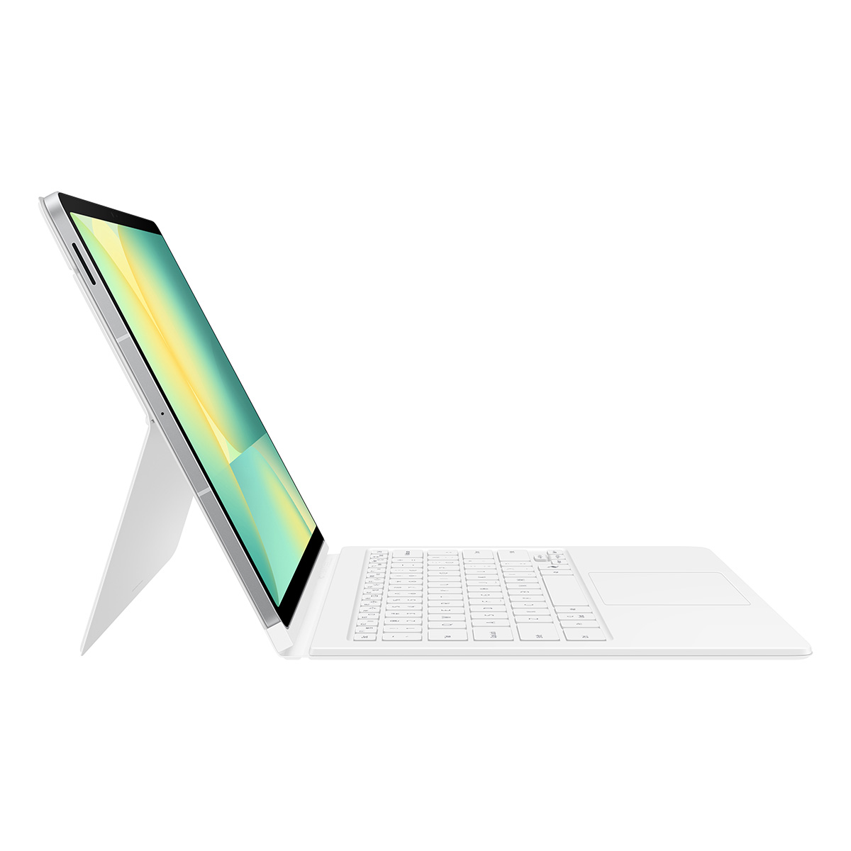 Klavye ve ayaklıklı tablet. Açılı görünüm, beyaz klavye ve ayaklık.
