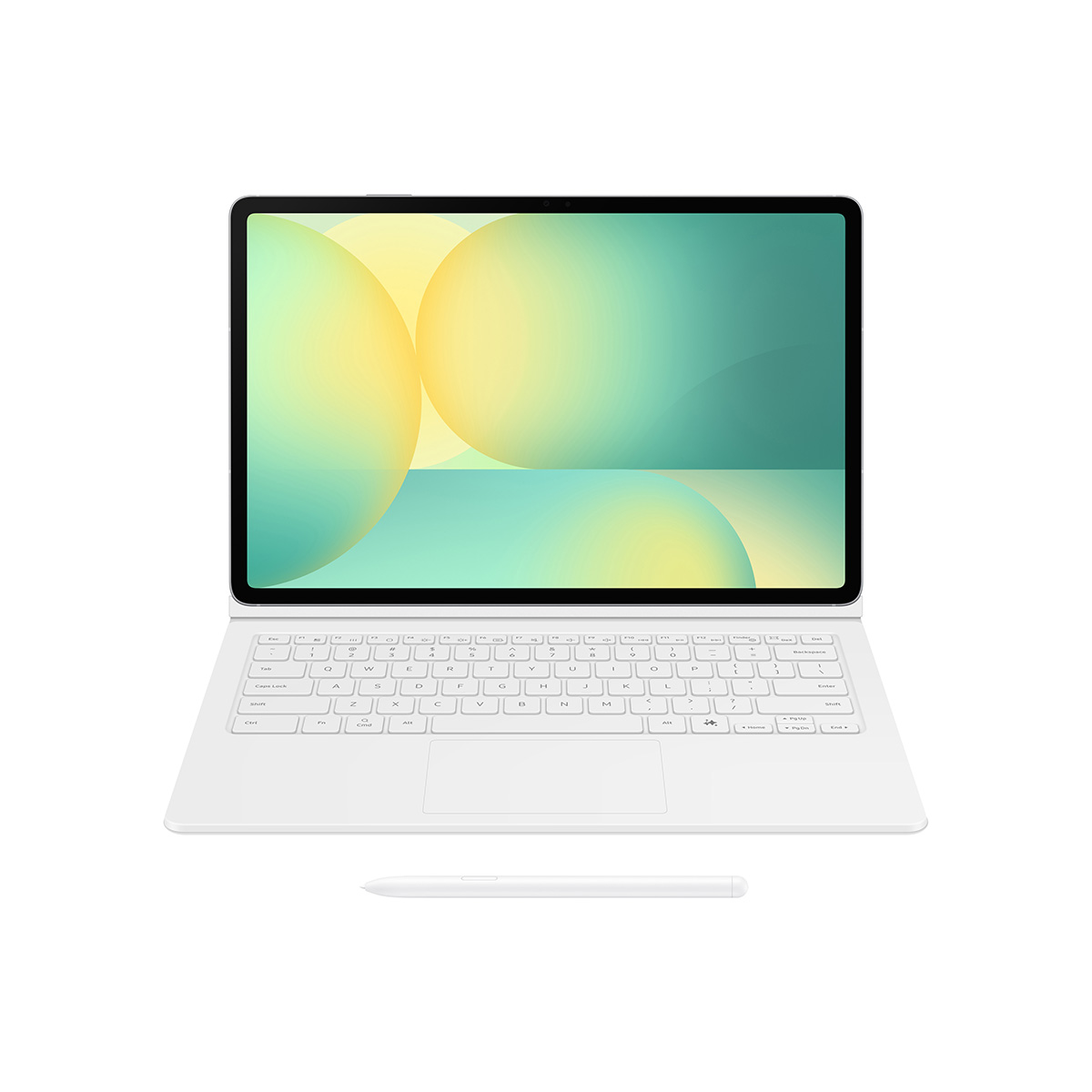 Klavye ve kalemli tablet. Üstten görünüm, beyaz klavye, altta kalem.