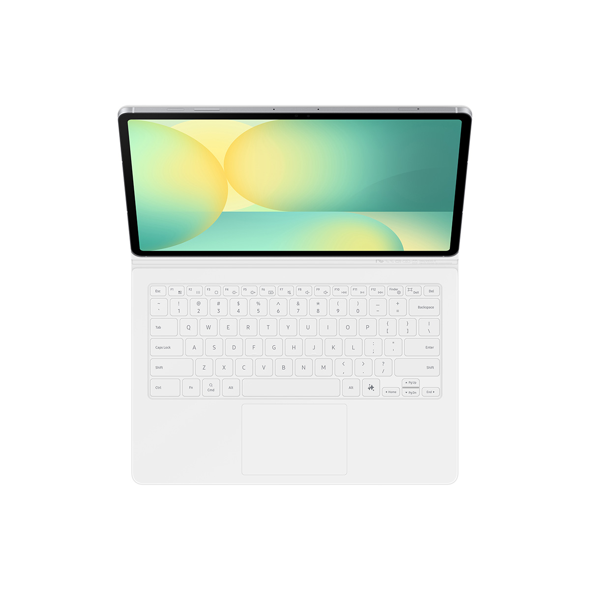 Klavye ile tablet, üstten görünüm. Beyaz klavye, ekran görünür.