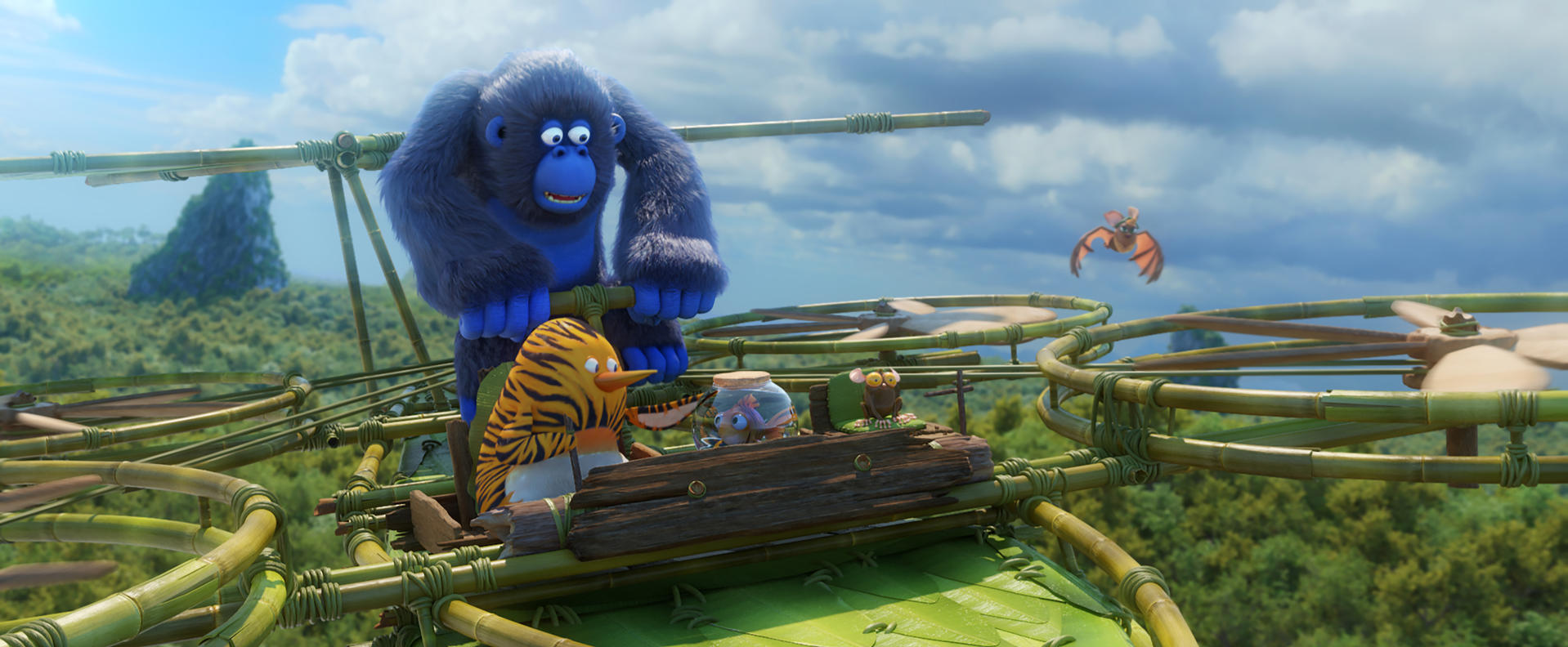 Cartoon-Tiere auf einer Flugmaschine. Ein blauer Gorilla, ein Tiger und andere Kreaturen sind in der Luft.