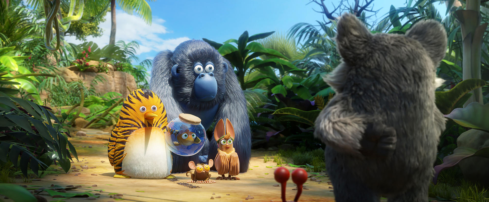 Cartoon-Tiere. Ein blauer Gorilla, ein Tiger und eine Maus sind in der Gruppe. Hintergrund: Dschungel.