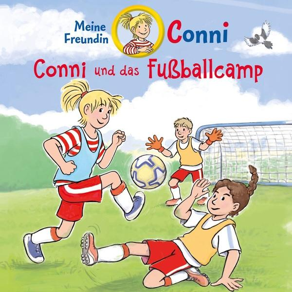 Cover eines Kinderbuchs. Drei Kinder spielen Fußball. Der Titel lautet 'Conni und das Fußballcamp'.