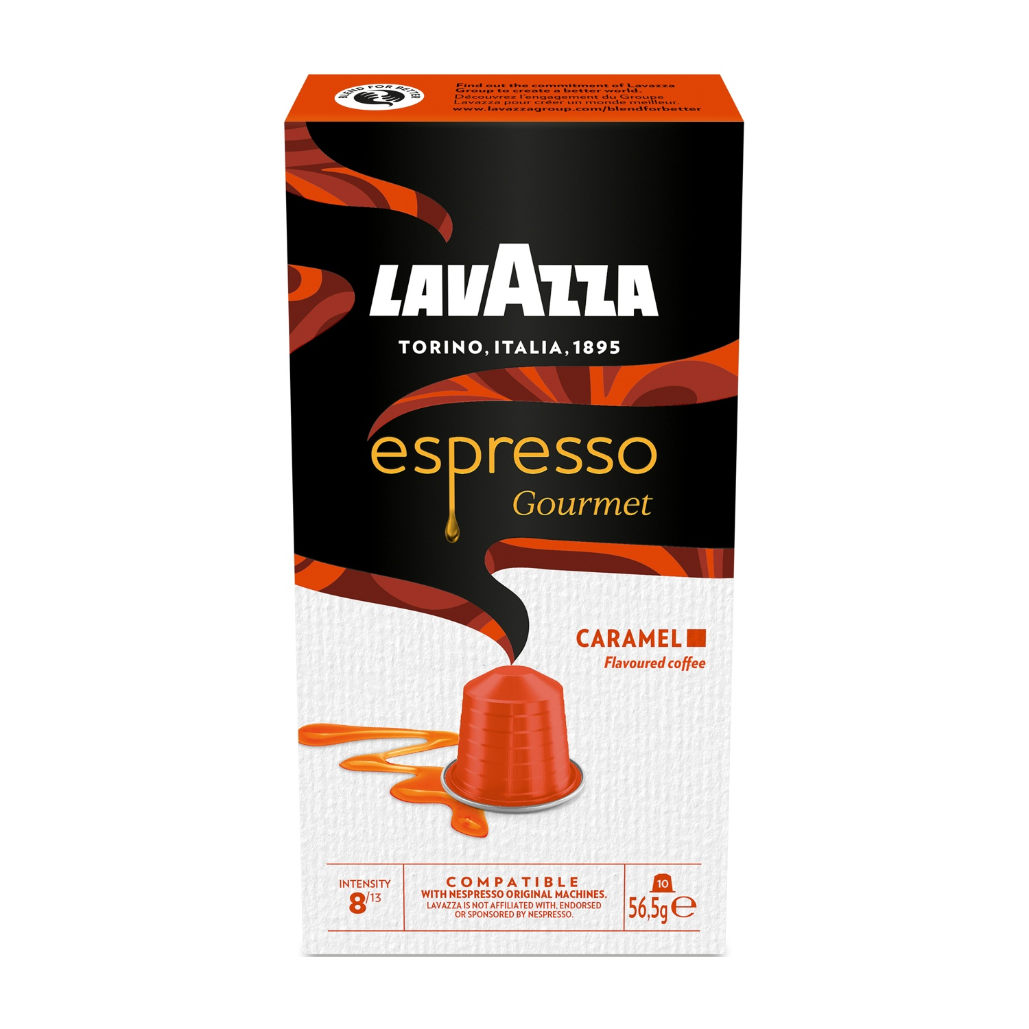 Scatola di capsule di caffè Lavazza Espresso Gourmet Caramel. Caffè aromatizzato al caramello, con illustrazione di capsula.