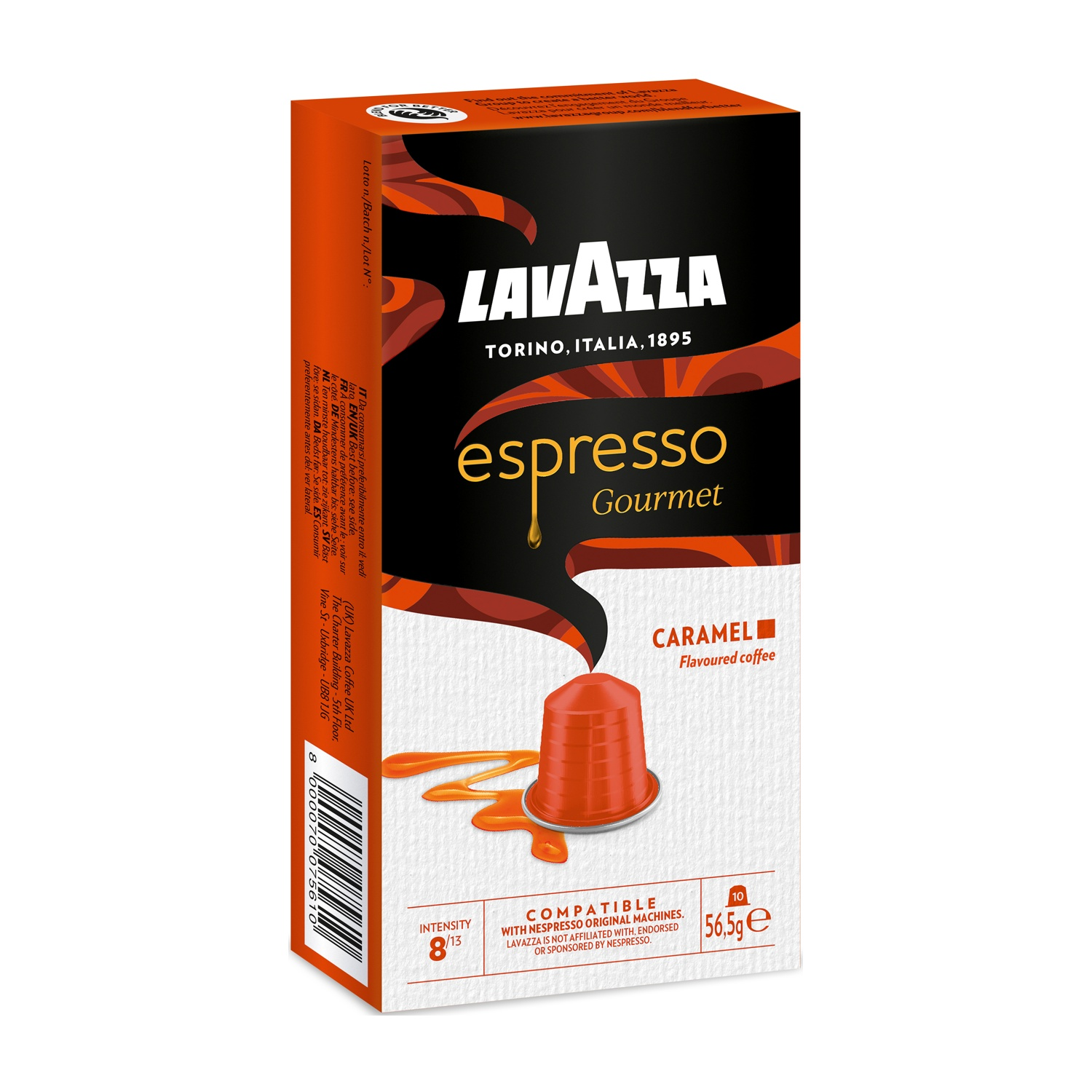 Scatola di cialde di caffè espresso Lavazza. Capsula arancione fuori dalla scatola. Sfondo bianco.