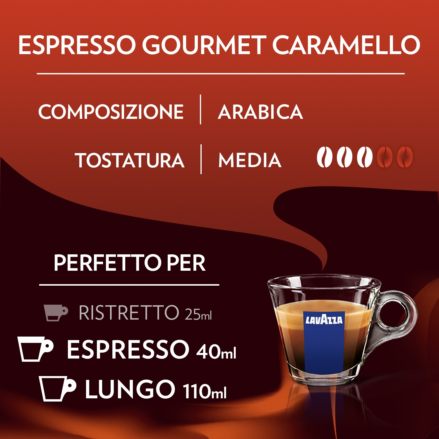 Composizione del caffè. Espresso Gourmet Caramel. Il testo indica la composizione, la tostatura e perfetto per ristretto, espresso e lungo.