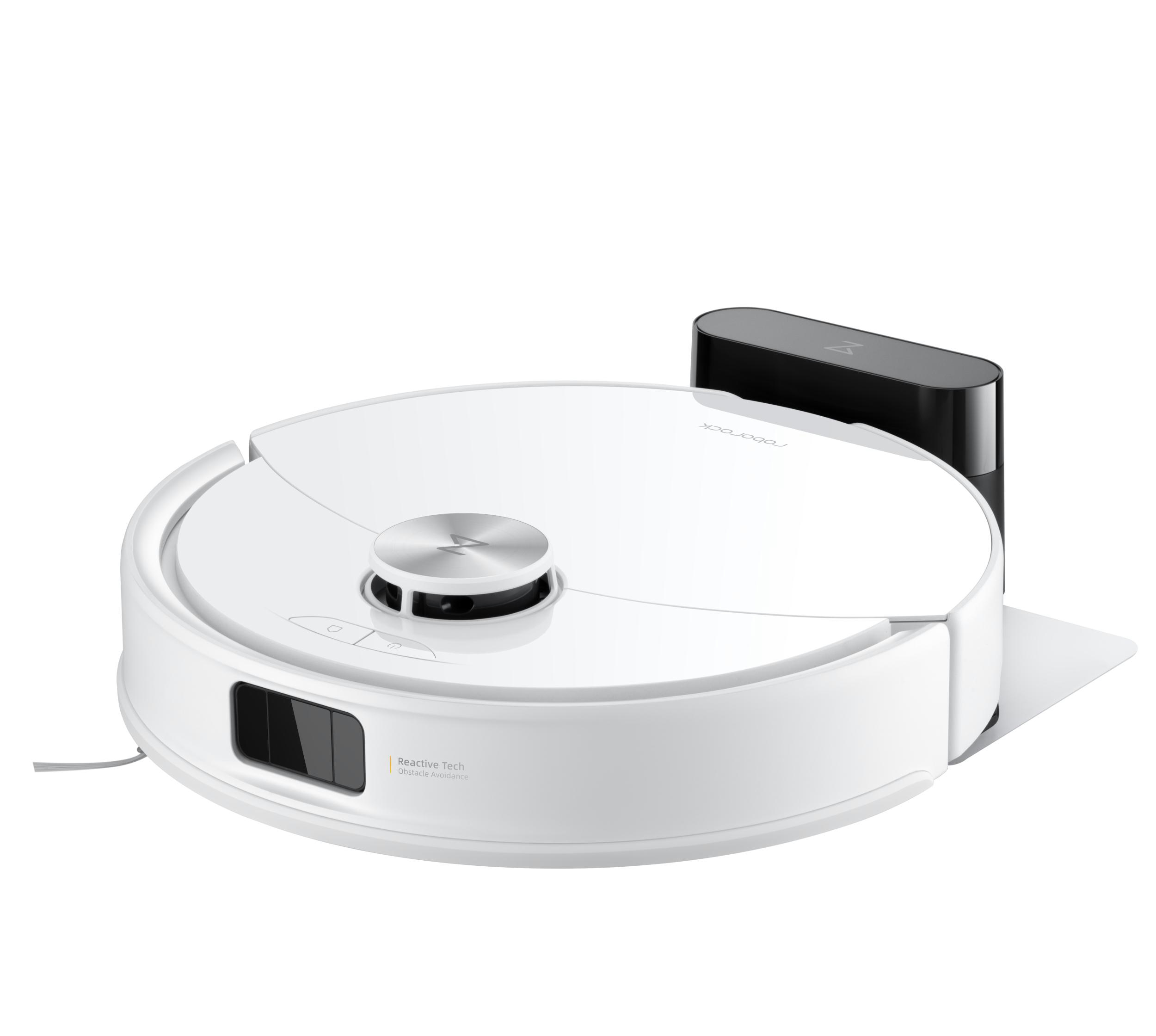 Weißer Roboter-Staubsauger mit schwarzer Ladestation auf weißem Hintergrund. Er hat eine silberne Oberseite.
