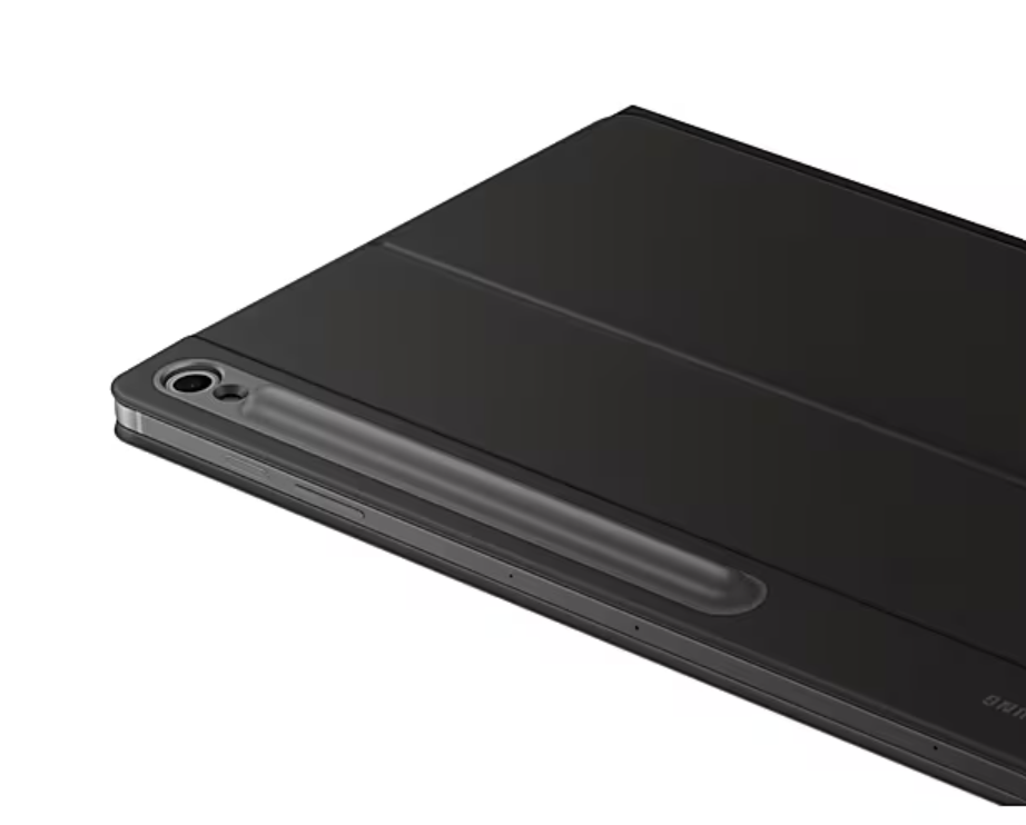 Siyah bir tablet ve kılıfın yakın çekimi. Tablette bir kamera ve kalem tutucu var.