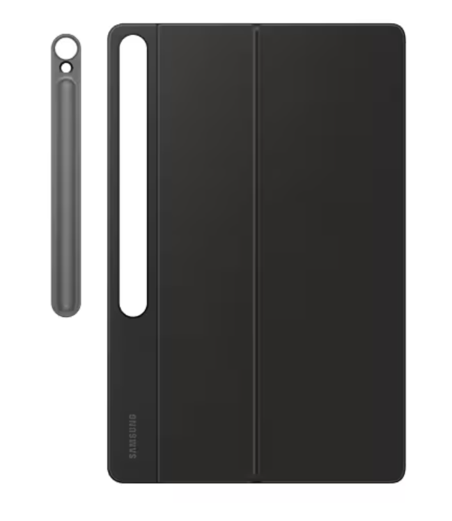 Siyah tablet kılıfı ve kalem. Kılıf kapalı, kalem yanında.