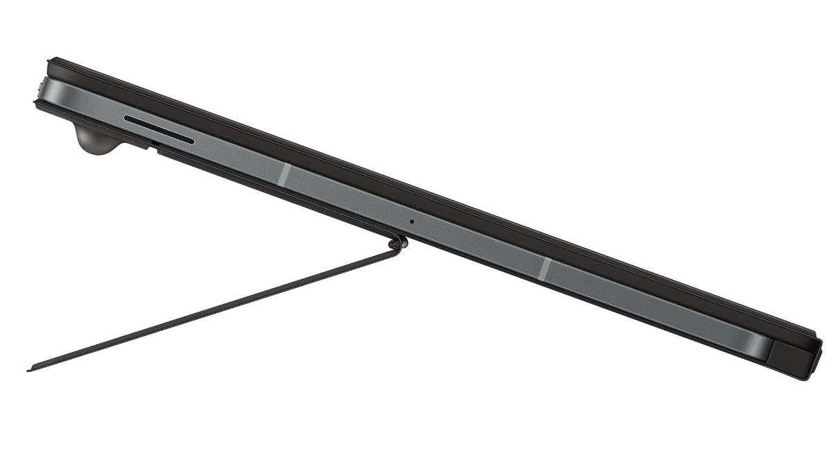 Ayaklı siyah tablet. Tablet açılı, kamerası olan tarafı gösteriyor.