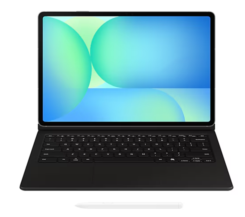Klavye ile tablet. Ekran yeşil ve mavi bir grafik görüntülüyor.