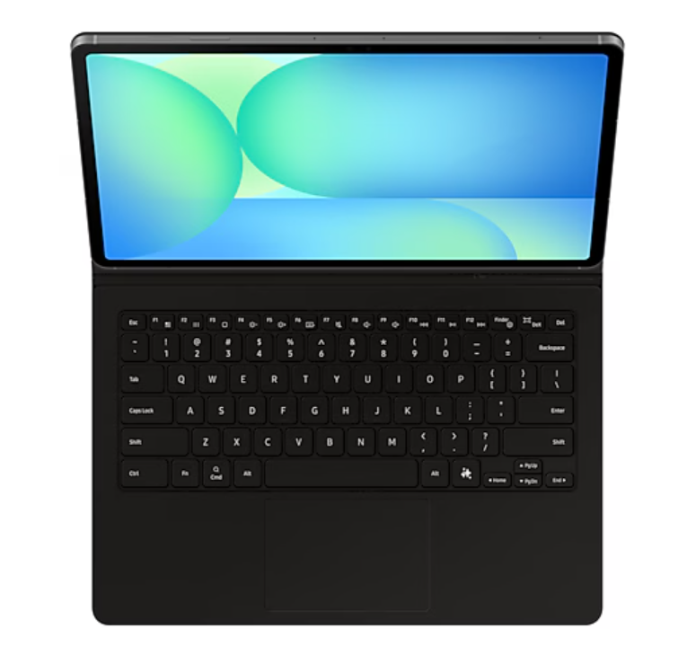 Klavye ile tablet. Yukarıdan görünüm, tuşlar ve dokunmatik yüzey görülebilir.
