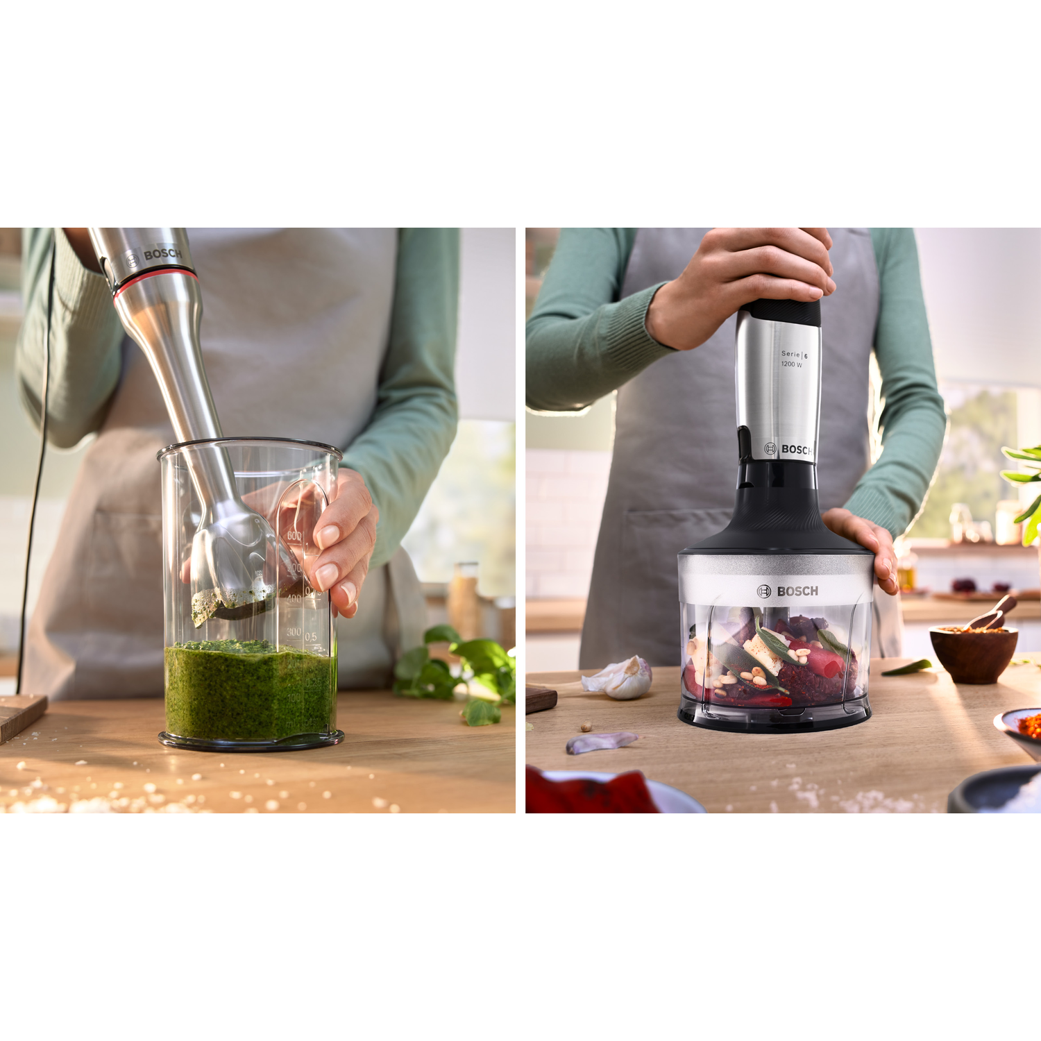 Handen gebruiken een staafmixer om pesto te maken en ingrediënten te hakken. Helder glas en een container worden gebruikt.