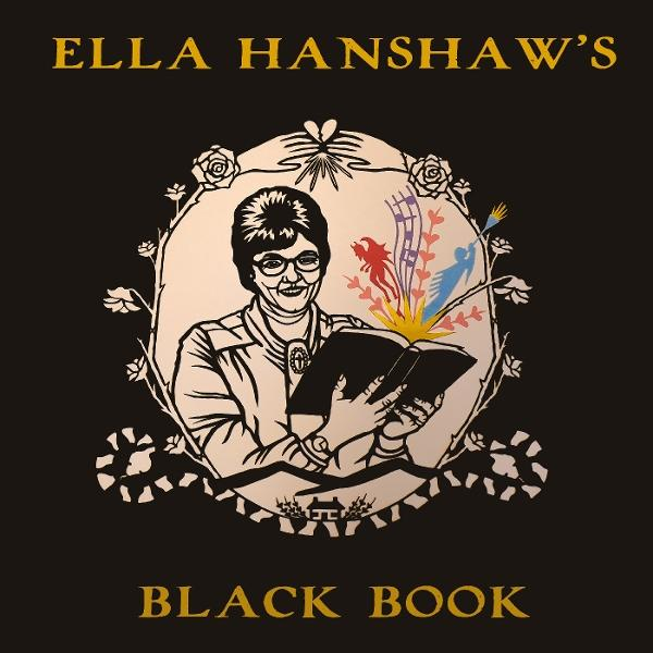 Frau liest ein Buch mit floralen und musikalischen Noten und Text: Ella Hanshaw's Black Book.