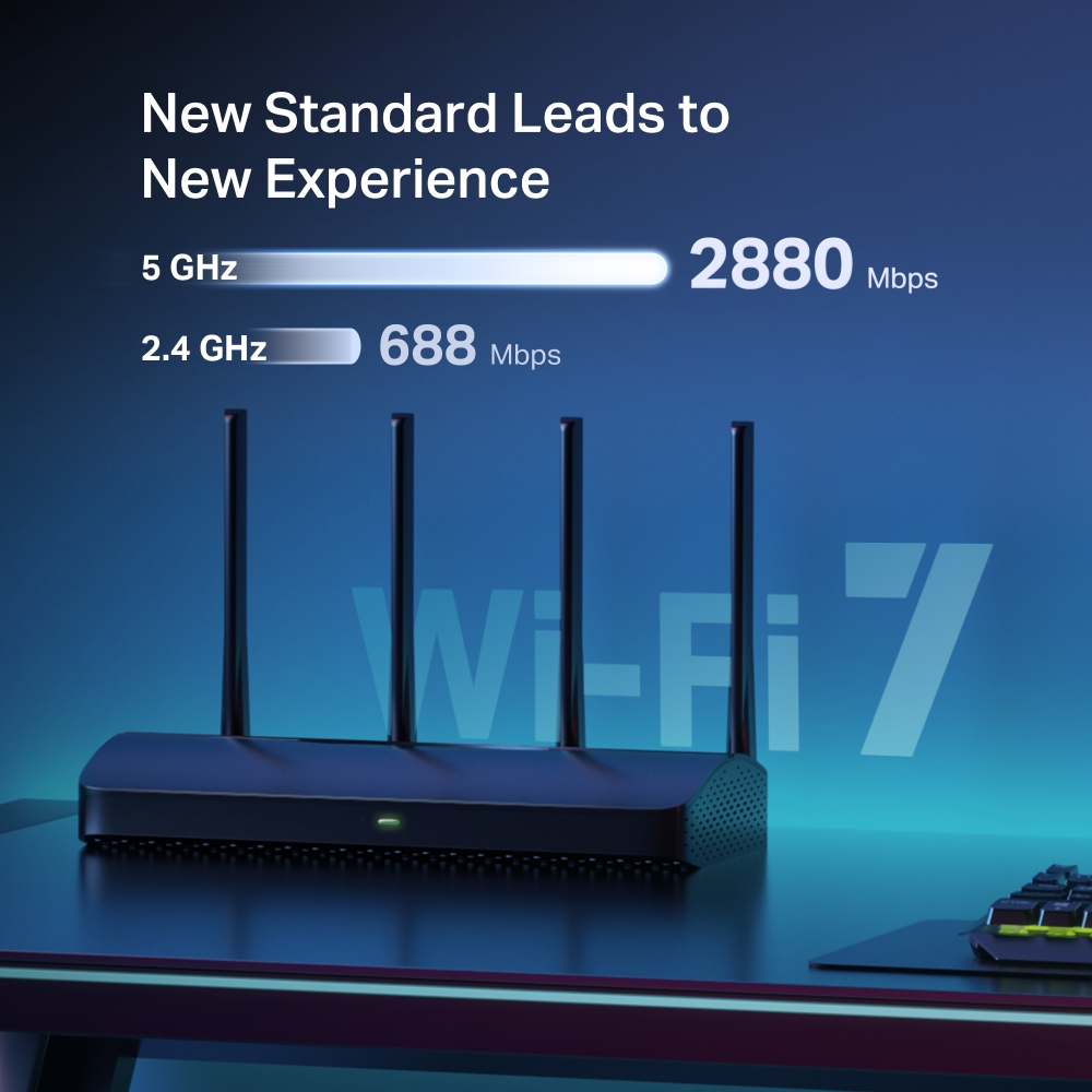 Masa üzerinde yönlendirici. 2,4 GHz ve 5 GHz hızlarını gösterir. Mavi ve siyah arka plan.