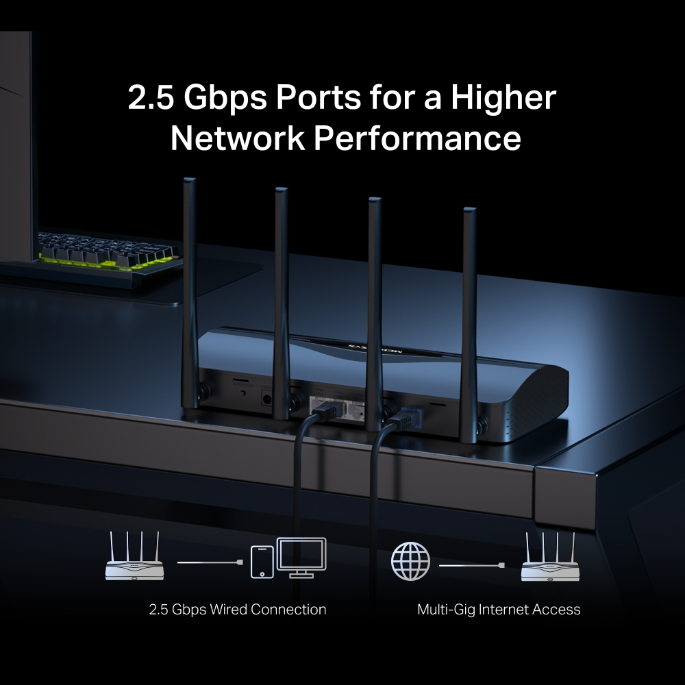 Bağlantı noktaları ve kabloları bağlı yönlendirici, bir masada. 2,5 Gbps bağlantı noktalarını gösterir. Siyah arka plan.
