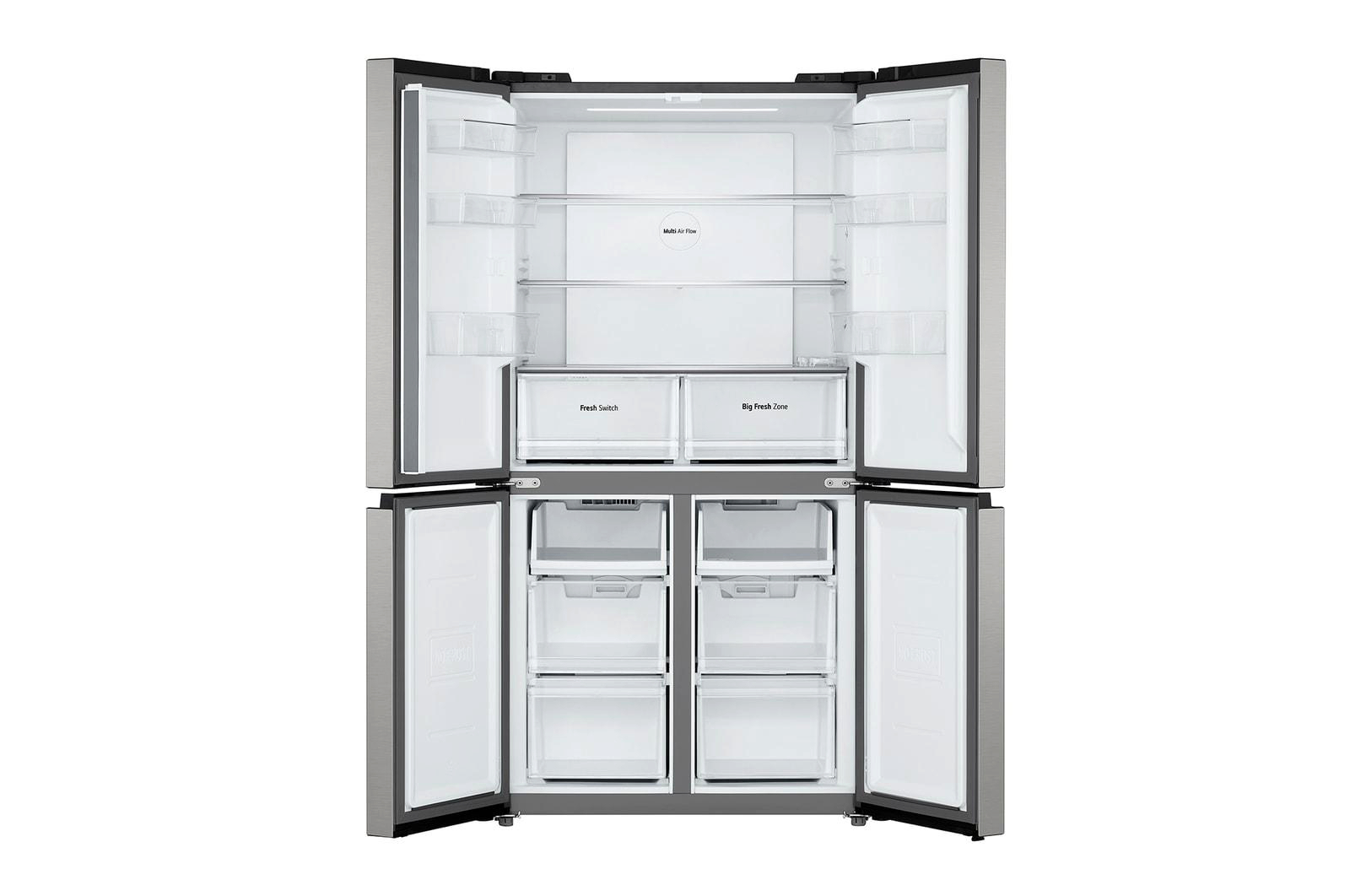 Ein geöffneter Kühlschrank mit vier Türen. Innen gibt es Regale und Schubladen, gefüllt mit Inhalten.