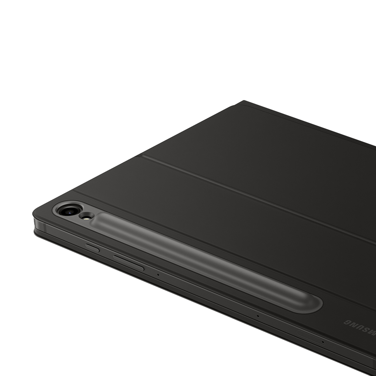 Yan profilini gösteren, takılı bir kalemle siyah bir tablet.