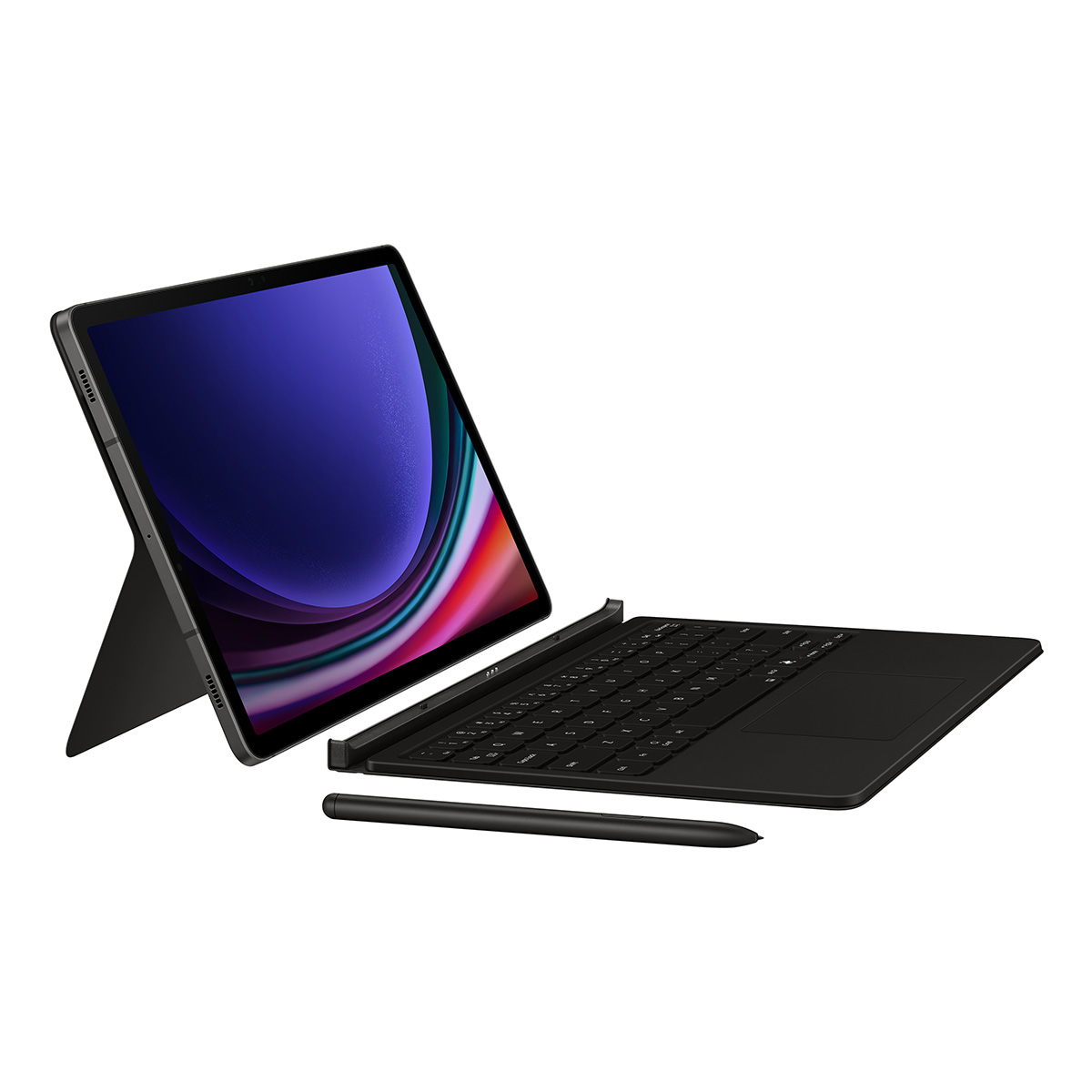 Klavye, kalem ve renkli bir ekranı olan siyah bir tablet.