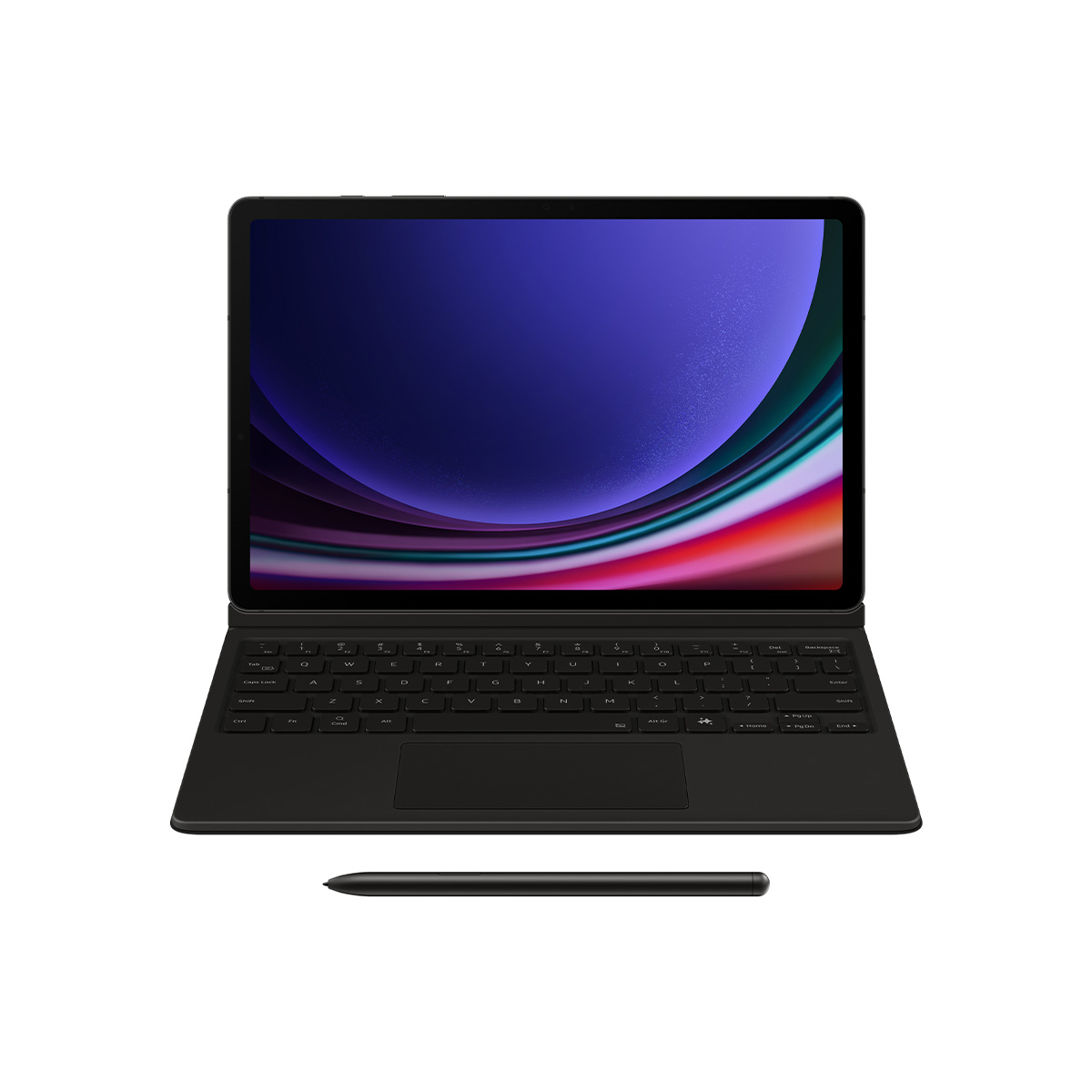 Klavye, kalem ve renkli bir ekranı olan siyah bir tablet.