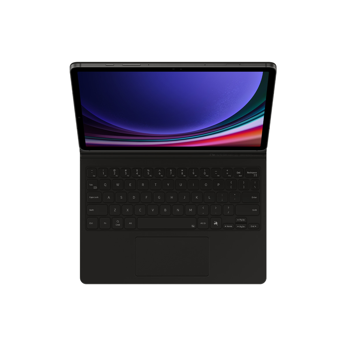 Klavye, kalem ve renkli bir ekranı olan siyah bir tablet.