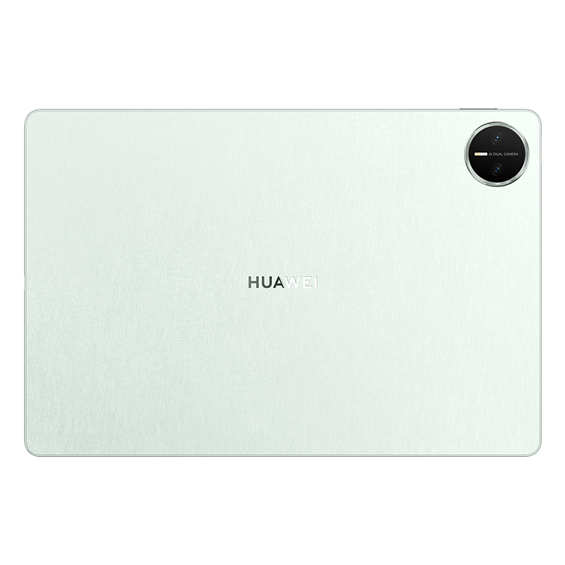 Tablet, arka görünüm. Açık yeşil, bir kamera modülü ve Huawei logosu ile.