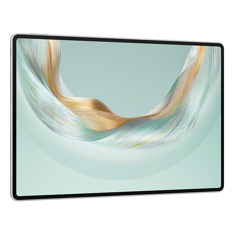 Tablet, ön görünüm. Ekran, akan, soyut bir altın tasarıma sahip.