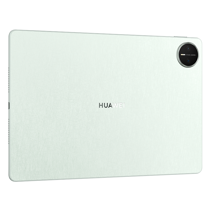 Tablet, arka görünüm. Açık yeşil, bir kamera modülü ve Huawei logosu ile.