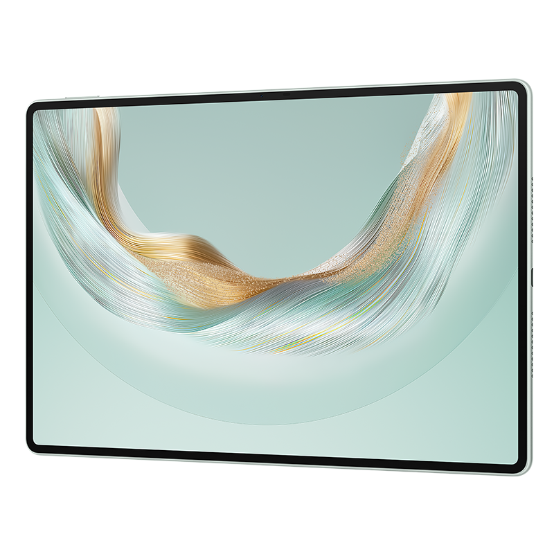Tablet, ön görünüm. Ekran, akan, soyut bir altın tasarıma sahip.