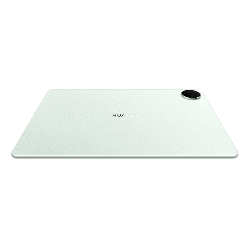 Tablet, yan görünüm. Huawei logosu ve kamera modülü ile açık yeşil.