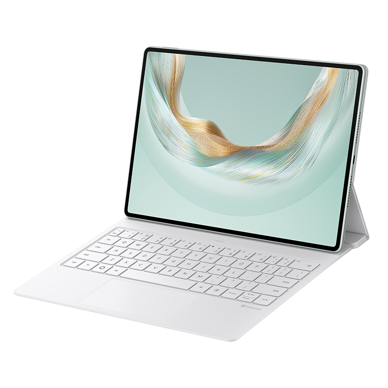 Tablet ve klavye, altın ve beyaz dalga desenli açık yeşil ekran, açılı, siyah.